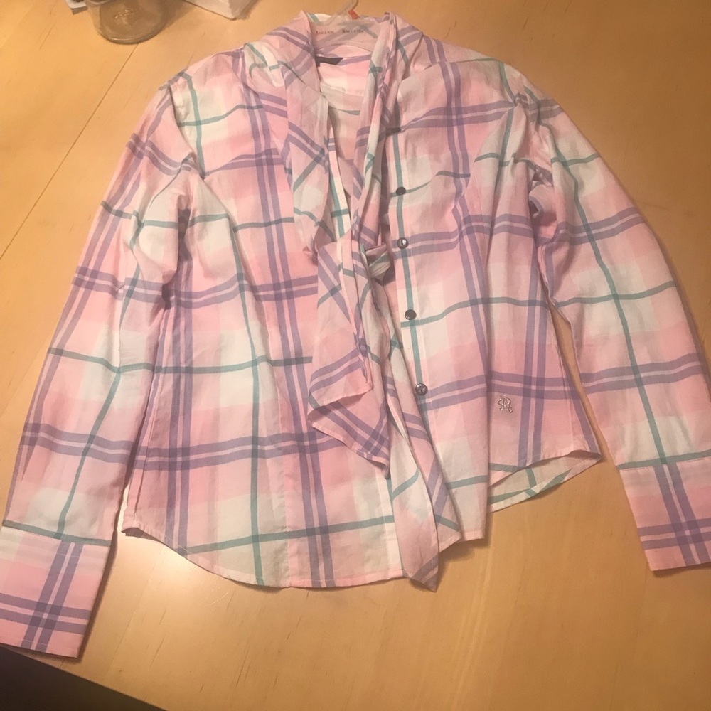 Pink Plaid Bow Tie long sleeve Blouse